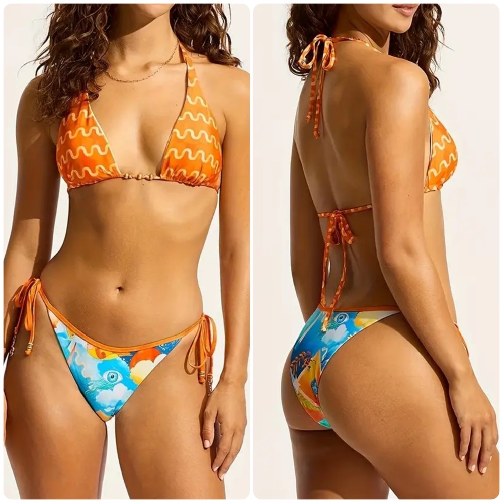 Multicolor Wave Triangle Halter Side Tie Bikini Set
